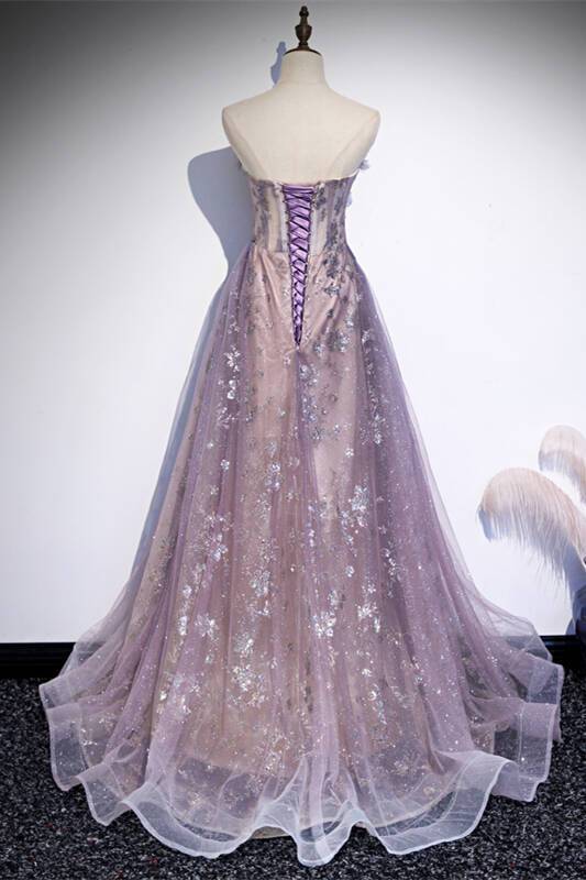 Strapless Purple A-line Long Prom Dress