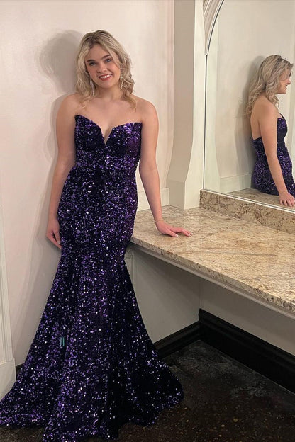 Strapless Purple Sequin Mermaid Long Formal Dress