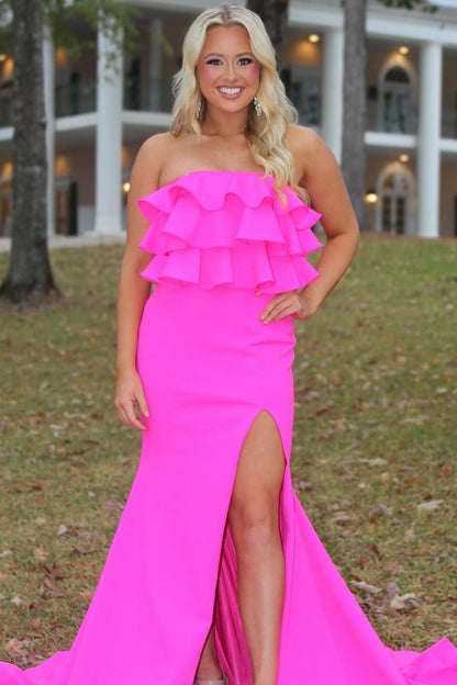 Strapless Red Ruffle Fitted Long Formal Dress with Slit