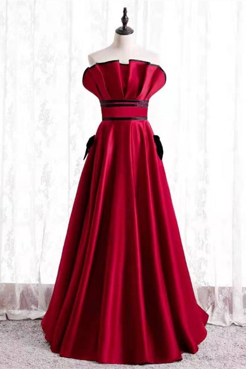 Strapless Red Satin Long Formal Dress with Pockets