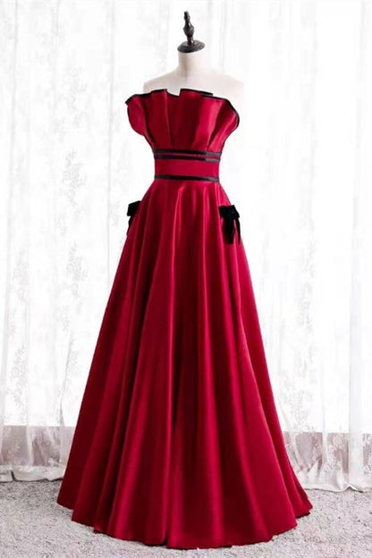 Strapless Red Satin Long Formal Dress with Pockets