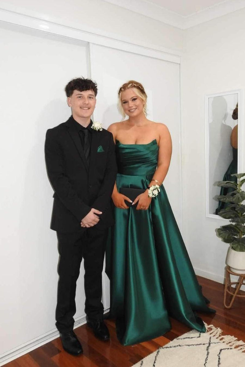 Strapless Sage Green Satin A-line Long Formal Gown