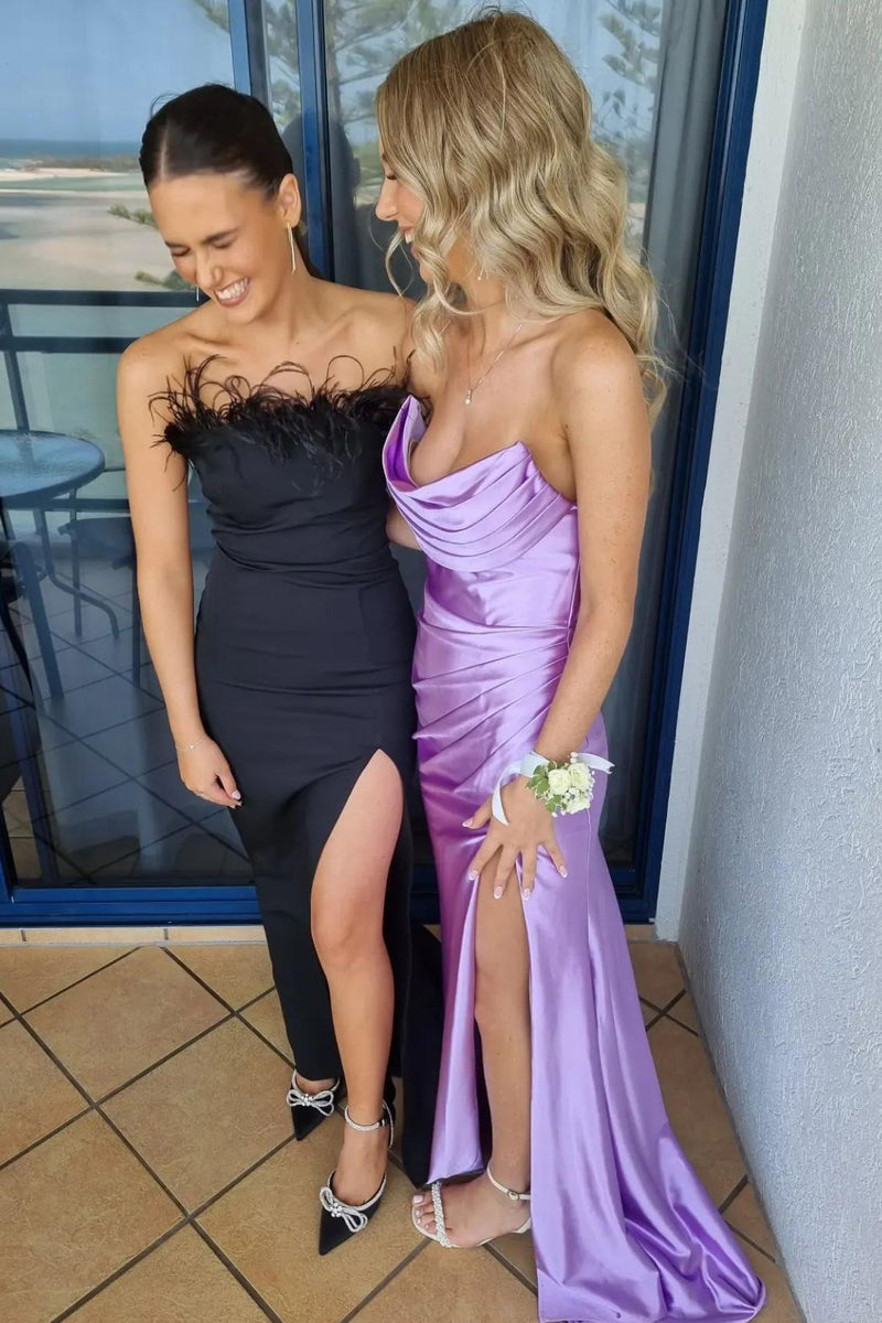 Strapless Satin Lavender Draped Formal Gown