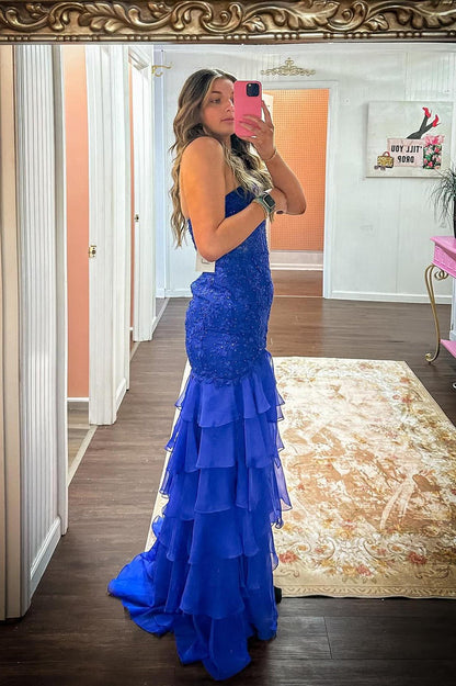 Strapless Teal Lace Appliques Fitted Ruffle Prom Dress