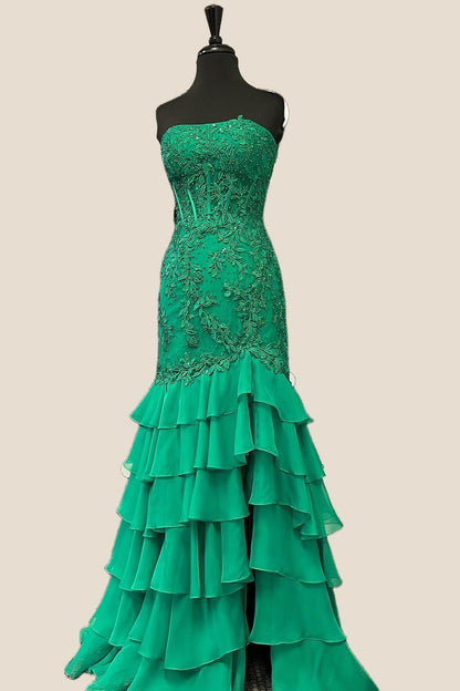 Strapless Teal Lace Appliques Fitted Ruffle Prom Dress