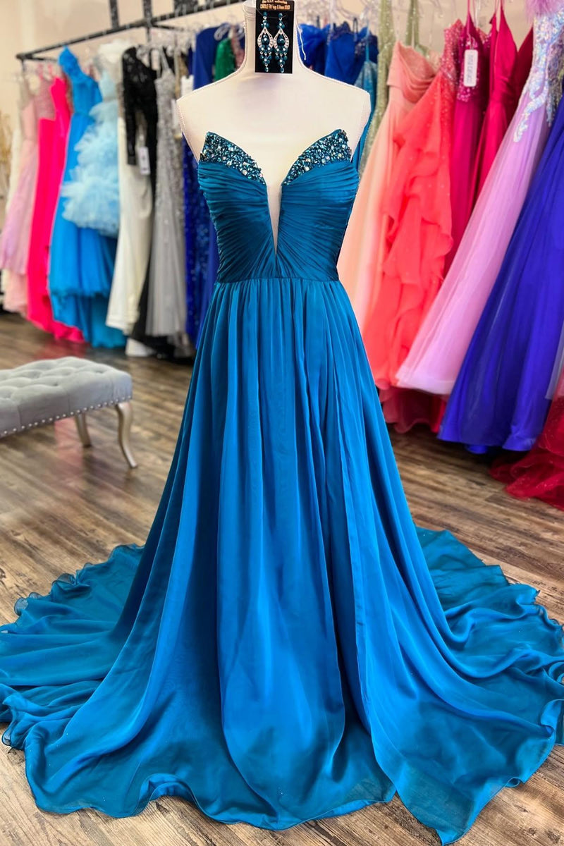 Strapless V Neck Pink Chiffon Long Prom Dress