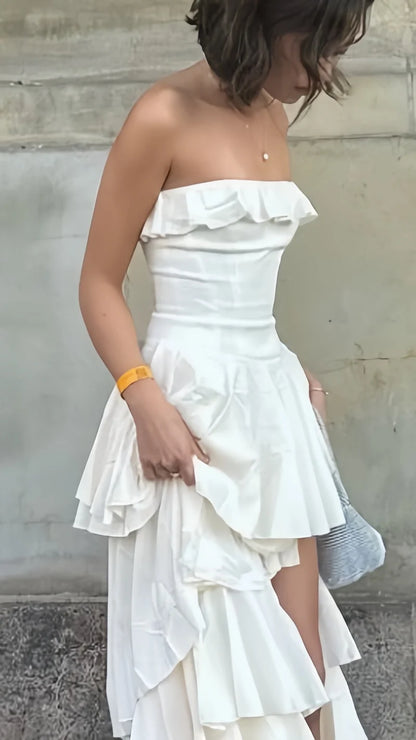 Strapless White Prom Dresses Ruffle Evening Party Dress,AST2224