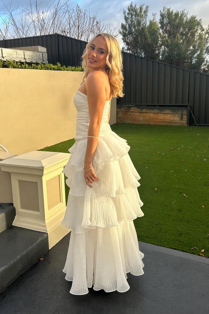 Strapless White Ruched Pleated Ruffle Party Dress