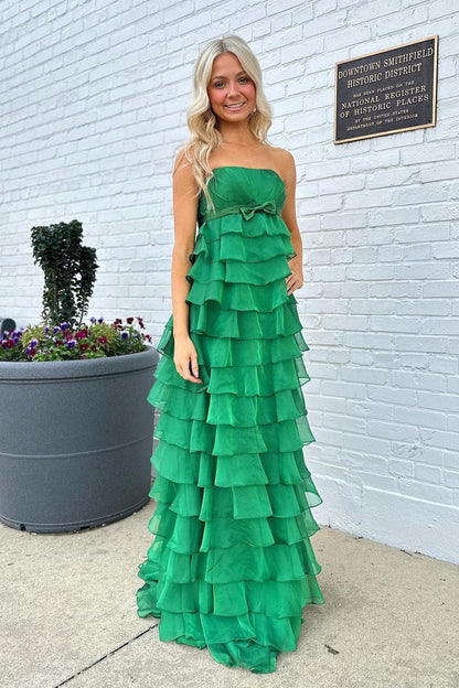 Strapless Yellow Chiffon Tiered Ruffles Long Party Dress