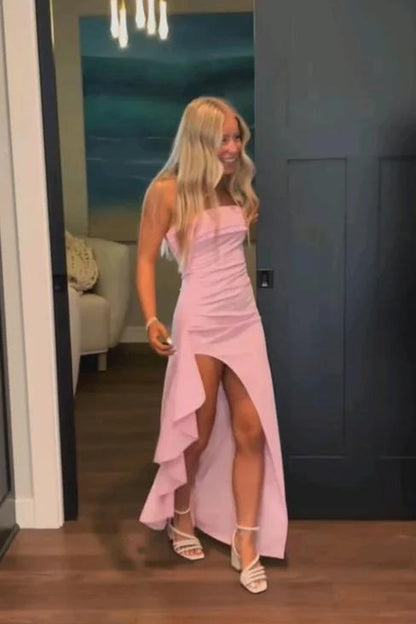 Strapless Yellow Fitted Frill Slit Party Dress