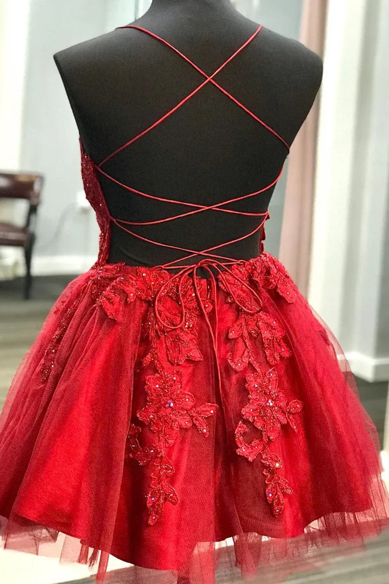 Strappy Lace Appliqued Red Short Homecoming Dress,AST1275