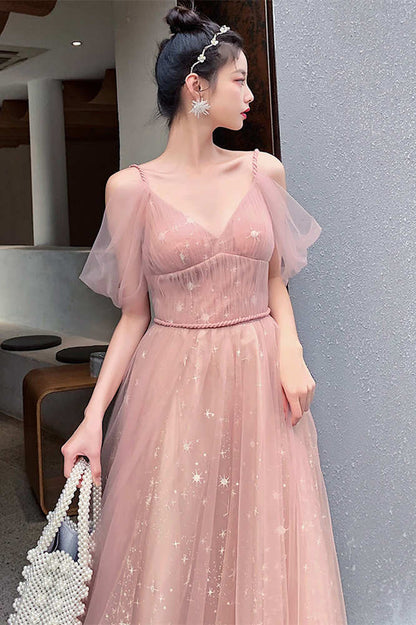 Straps A-line Blush Pink Tulle Long Party Dress
