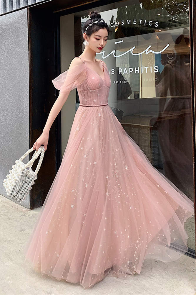 Straps A-line Blush Pink Tulle Long Party Dress