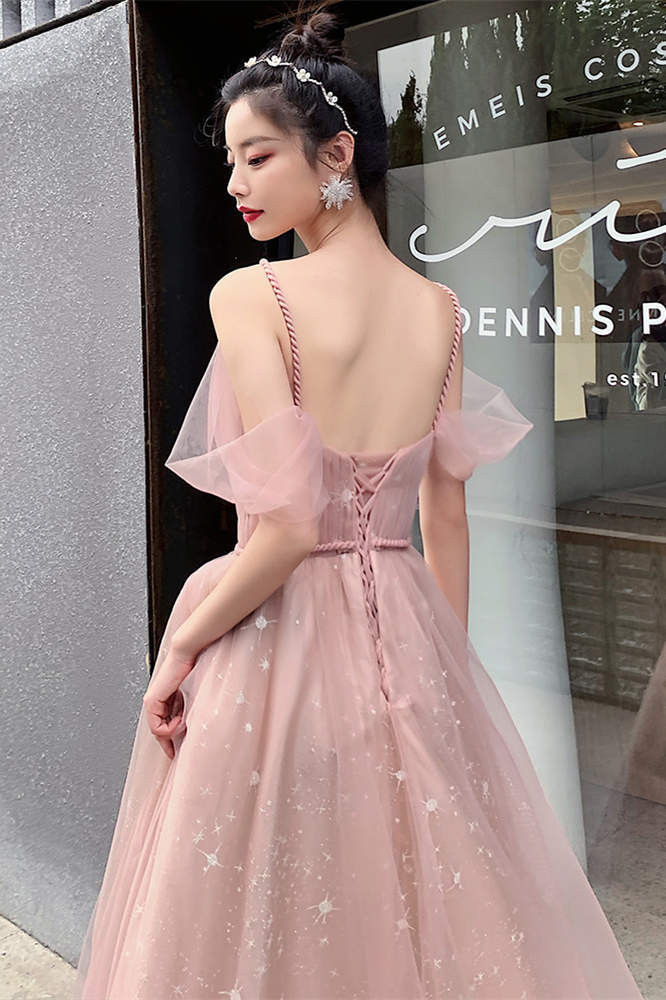 Straps A-line Blush Pink Tulle Long Party Dress