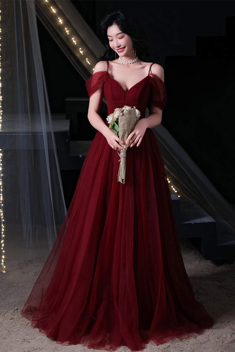Straps A-line Burgundy Tulle Long Evening Dress