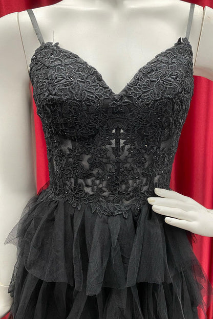 Straps Black Lace and Tulle Ruffles Party Dress