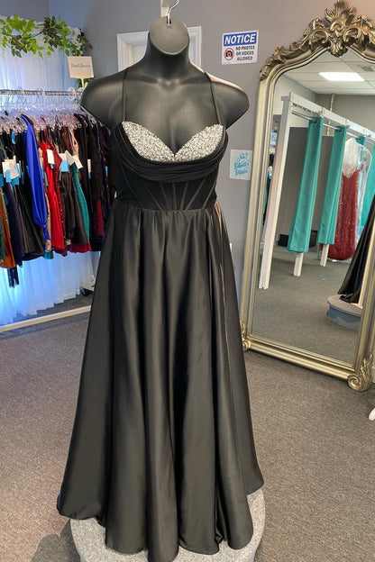 Straps Black Satin Beaded A-line Long Formal Dress