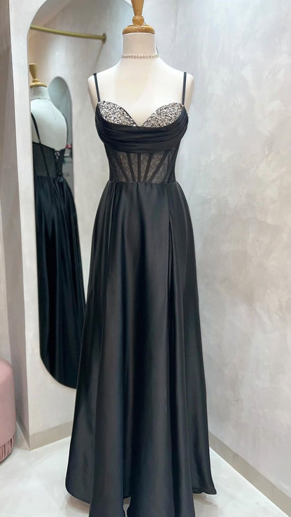 Straps Black Satin Beaded A-line Long Formal Dress