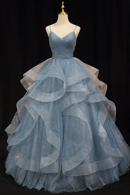 Straps Blue A-line Layers Long Formal Gown