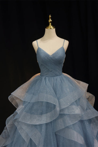 Straps Blue A-line Layers Long Formal Gown
