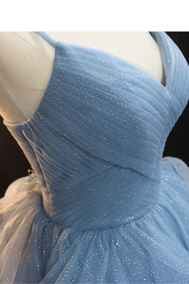 Straps Blue A-line Layers Long Formal Gown