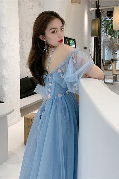 Straps Blue and Floral Embroidered Long Formal Gown