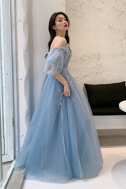 Straps Blue and Floral Embroidered Long Formal Gown