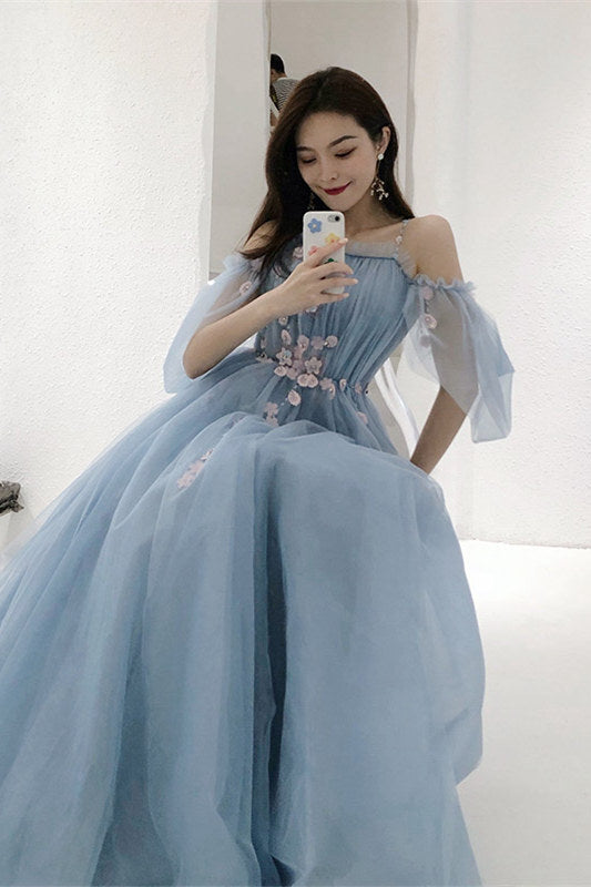 Straps Blue and Floral Embroidered Long Formal Gown