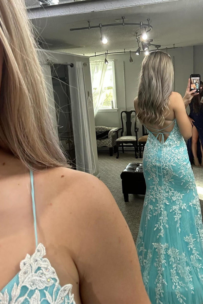 Straps Blue and White Lace Mermaid Prom Dress