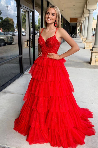 Straps Blue Appliques Tiered Ruffle Long Formal Dress