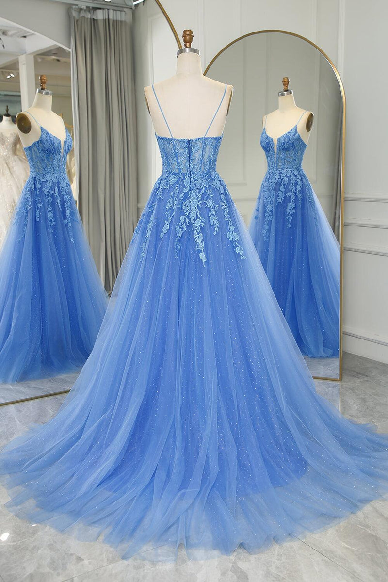Straps Blue Lace Appliques A-line Long Prom Dress