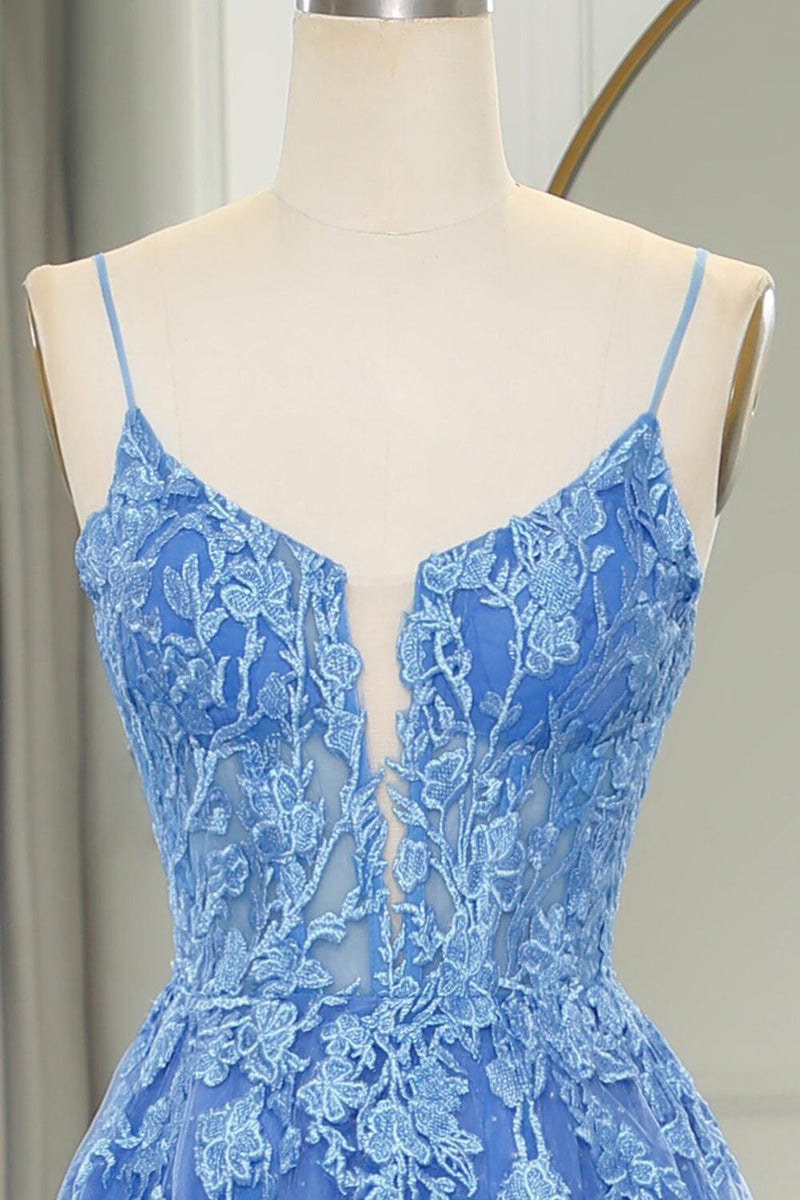 Straps Blue Lace Appliques A-line Long Prom Dress