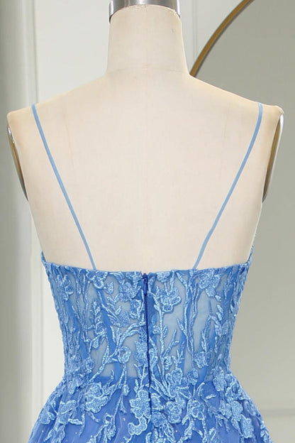 Straps Blue Lace Appliques A-line Long Prom Dress