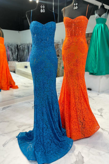 Straps Blue Lace Mermaid Prom Dress