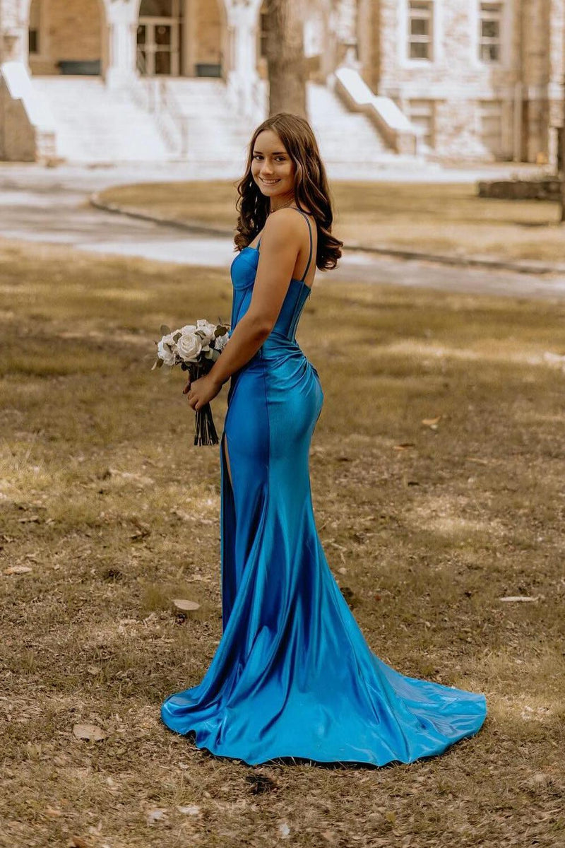 Straps Blue Satin Mermaid Long Formal Dress