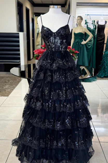 Straps Blue Sequin Tulle Ruffles Formal Dress