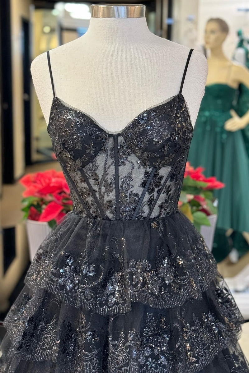 Straps Blue Sequin Tulle Ruffles Formal Dress