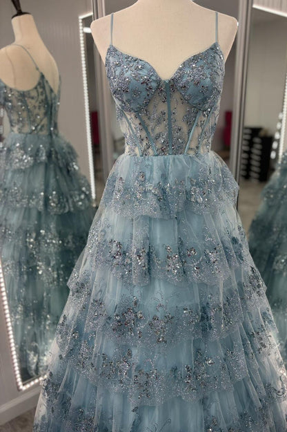 Straps Blue Sequin Tulle Ruffles Formal Dress
