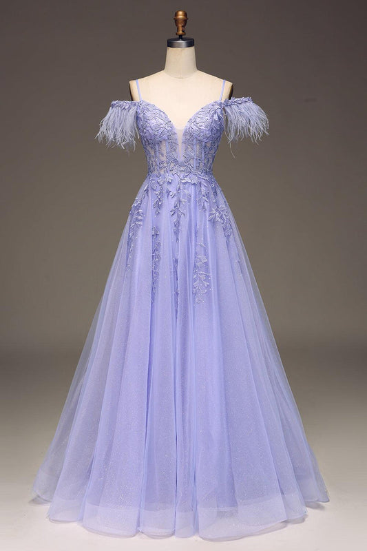 Straps Blue Sheer Appliques A-line Long Dress