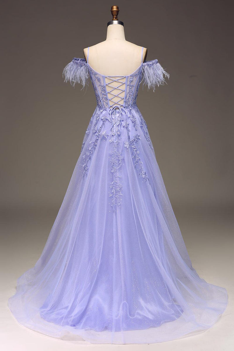 Straps Blue Sheer Appliques A-line Long Dress