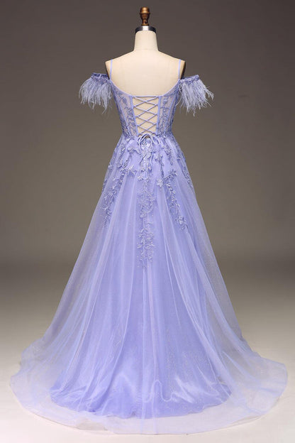 Straps Blue Sheer Appliques A-line Long Dress