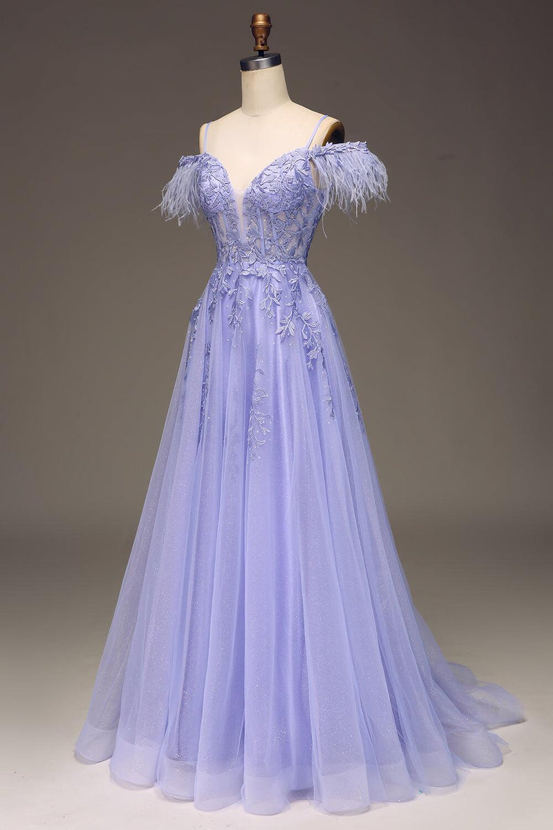 Straps Blue Sheer Appliques A-line Long Dress