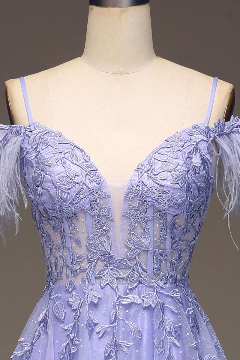 Straps Blue Sheer Appliques A-line Long Dress