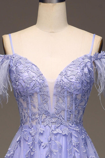 Straps Blue Sheer Appliques A-line Long Dress