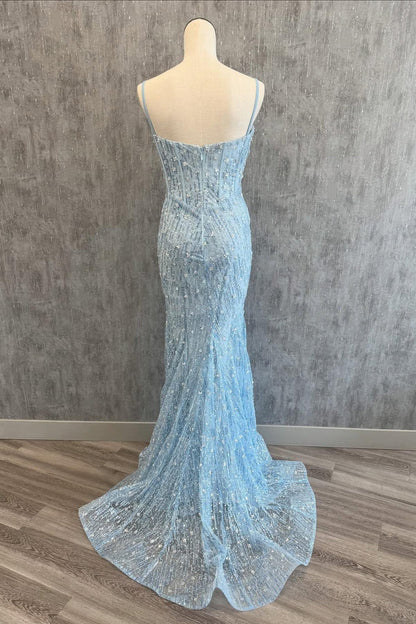 Straps Corset Light Blue Beaded Long Formal Dress