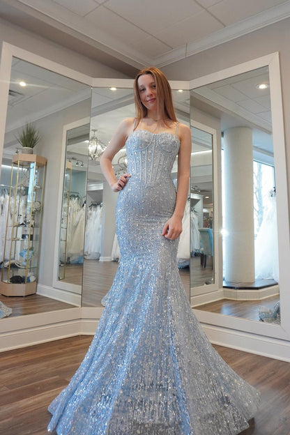 Straps Corset Light Blue Beaded Long Formal Dress