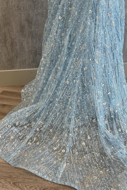 Straps Corset Light Blue Beaded Long Formal Dress