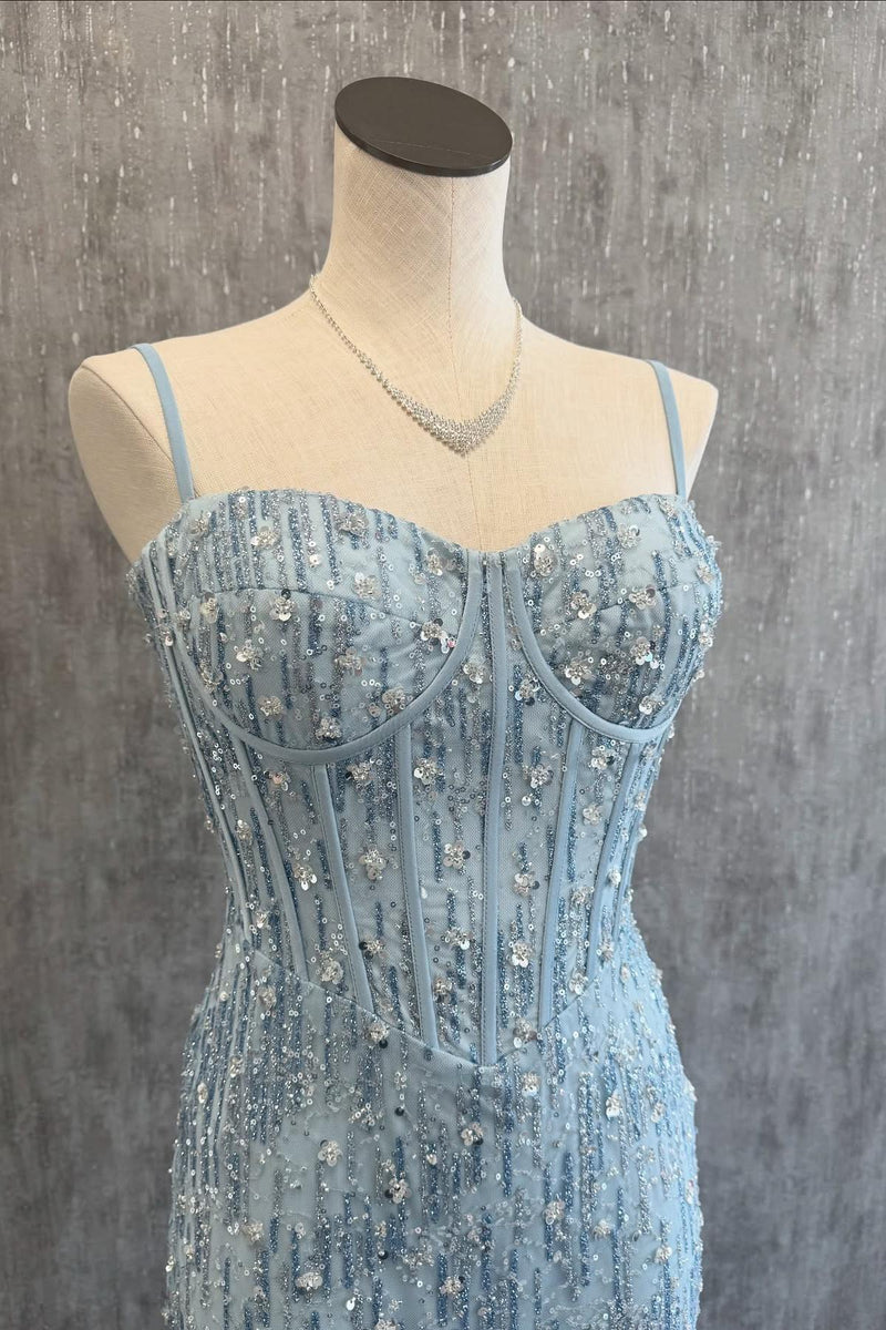Straps Corset Light Blue Beaded Long Formal Dress