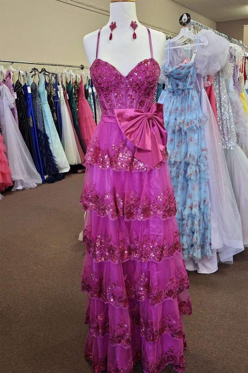 Straps Fuchsia Appliques A-line Ruffle Long Prom Dress