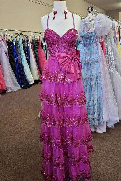Straps Fuchsia Appliques A-line Ruffle Long Prom Dress